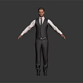 Man In Formal Attire White Shirt Suit Vest Tie With Arms Extended On Gray Background