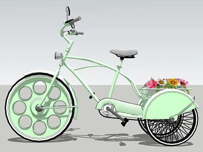 Light Green Vintage Bicycle with Large Wheels and Rear Basket Filled with Colorful Flowers 3d model