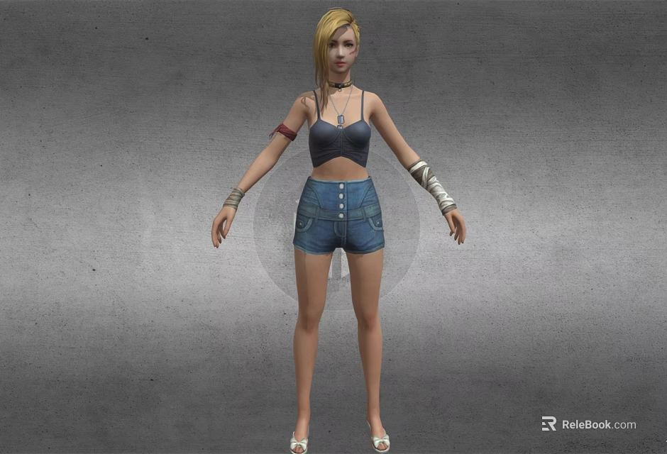 Blonde Woman In Black Tank Top And Blue Denim Shorts With Arm Bracelets 3d model 