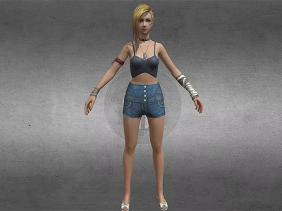 Blonde Woman In Black Tank Top And Blue Denim Shorts With Arm Bracelets 3d model