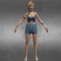Blonde Woman In Black Tank Top And Blue Denim Shorts With Arm Bracelets