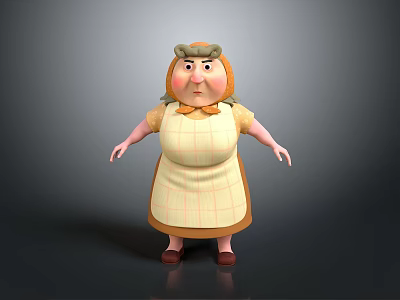 3D Model Elderly Woman Character With Checkered Apron Brown Shoes And Plump Figure 3d model