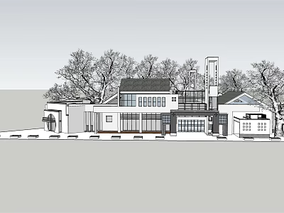 Modern Building Exterior Design With Trees Windows Flat Roof And Tower 3d model