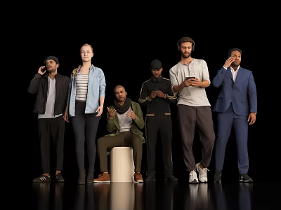 Diverse Group of People Standing and Sitting with Various Poses on Black Background 3d model
