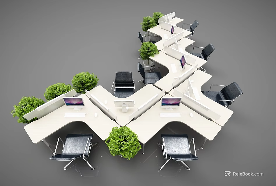 Modern Office Desk Arrangement With Green Plants Computers And Black Chairs 3d model 