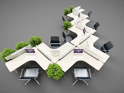 Modern Office Desk Arrangement With Green Plants Computers And Black Chairs 3d model