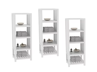 Daily Living Supplies Organized on White Storage Shelves with Folded Towels Bowls and Small Bottles 3d model