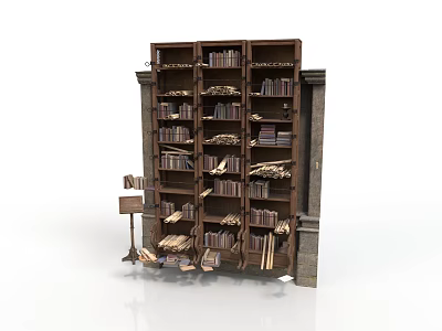 Vintage Wooden Bookshelf With Multiple Shelves And Stacked Books 3d model