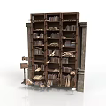 Vintage Wooden Bookshelf With Multiple Shelves And Stacked Books