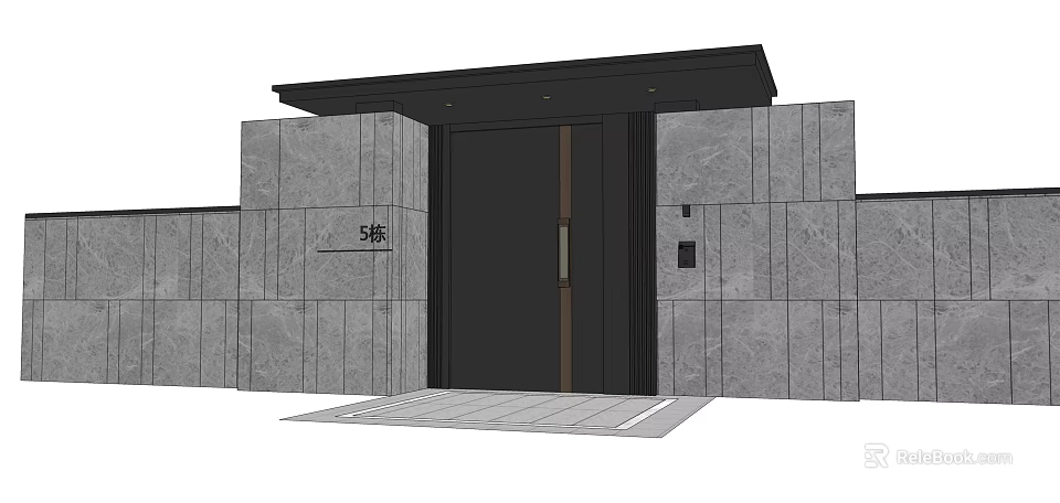 Modern Entrance Gate With Gray Stone Walls Black Door And Metal Handle 3d model 