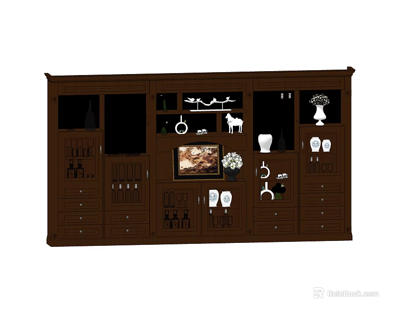 Classic Brown Wine Cabinet With Glass Doors Storage Shelves And Decorative Items 3d model 