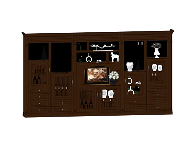 Classic Brown Wine Cabinet With Glass Doors Storage Shelves And Decorative Items 3d model
