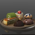 Assorted Desserts On Wooden Tray Including Green Roll Cake Strawberry Topped Square And Blueberry Muffin