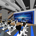 Modern Fitness Studio With Row of Spin Bikes and Blue Floor Lines