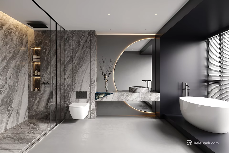 Modern Bathroom Interior Design With Marble Walls Round Mirror Glass Shower And Freestanding Bathtub 3d model 