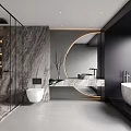 Modern Bathroom Interior Design With Marble Walls Round Mirror Glass Shower And Freestanding Bathtub