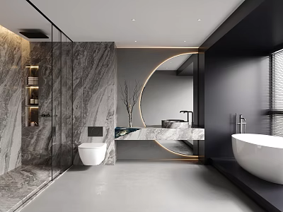 Modern Bathroom Interior Design With Marble Walls Round Mirror Glass Shower And Freestanding Bathtub 3d model