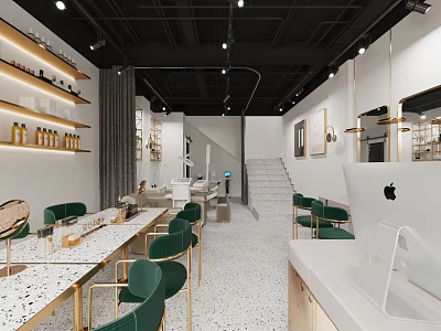 Modern Beauty Hair Salon Interior With Green Chairs White Tables Mirrors Staircase And Product Shelves 3d model