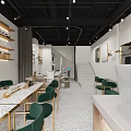 Modern Beauty Hair Salon Interior With Green Chairs White Tables Mirrors Staircase And Product Shelves