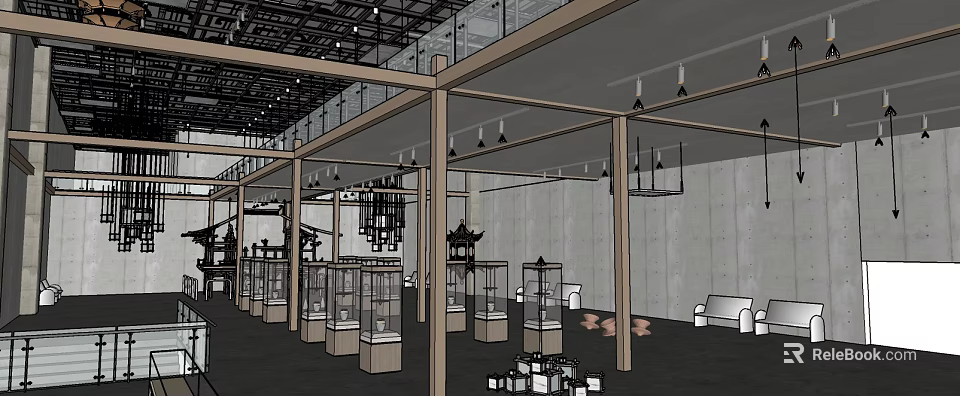 Open Concept Public Office Interior With Glass Display Cases Industrial Frames And Leather Sofas 3d model