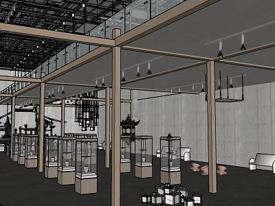 Open Concept Public Office Interior With Glass Display Cases Industrial Frames And Leather Sofas 3d model