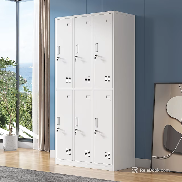 White Multi Door Lockable Wardrobe Storage Cabinet In Modern Room With Natural Light And Decor 3d model 
