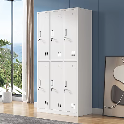 White Multi Door Lockable Wardrobe Storage Cabinet In Modern Room With Natural Light And Decor 3d model