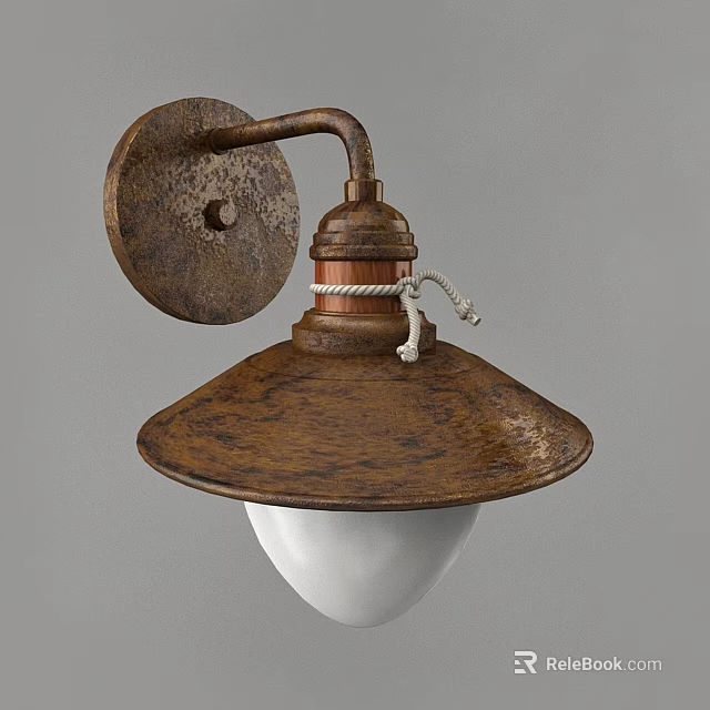 Vintage Copper Wall Sconce With Curved Arm Rope Detail And White Glass Globe 3d model 