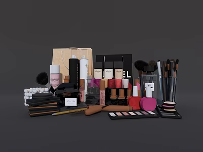 Luxury Perfume Cosmetics Collection With Makeup Brushes Lipsticks Skincare Bottles And Eyeshadow Palettes 3d model