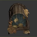 Vintage Wooden Cart Displaying Straw Hats And Woven Baskets On Wheels