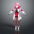 Game and Movie Character With Pink Hair Red White Coat And Red Plaid Skirt