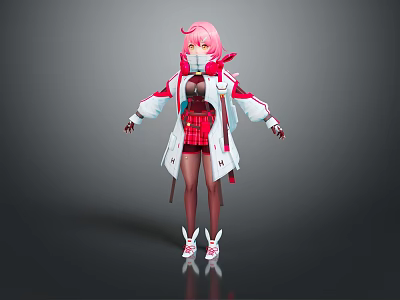 Game and Movie Character With Pink Hair Red White Coat And Red Plaid Skirt 3d model