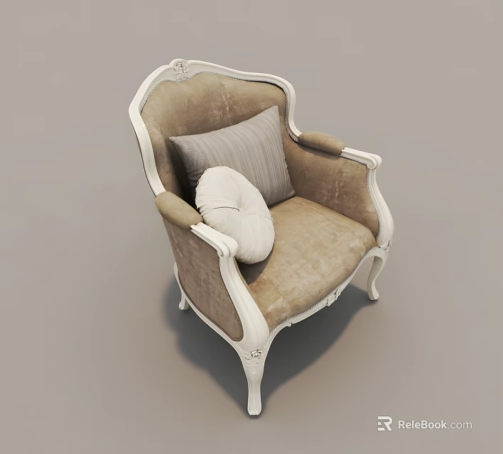 Classic Accent Chair With White Carved Frame Light Brown Fabric And Gray White Cushions 3d model 