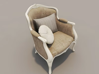 Classic Accent Chair With White Carved Frame Light Brown Fabric And Gray White Cushions 3d model