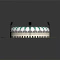 Cartoon Round Stadium Scene with Colorful Seats White Exterior and Green Surroundings and Light Poles