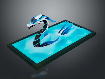Mythical Blue And White Serpentine Dragon On Shiny Blue Water Like Platform 3d model