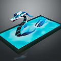 Mythical Blue And White Serpentine Dragon On Shiny Blue Water Like Platform