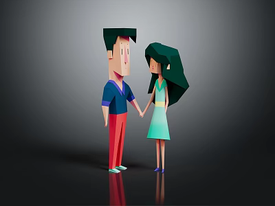 Cartoon Boy And Girl Characters Holding Hands In 3D Low Poly Style With Reflection 3d model