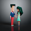 Cartoon Boy And Girl Characters Holding Hands In 3D Low Poly Style With Reflection