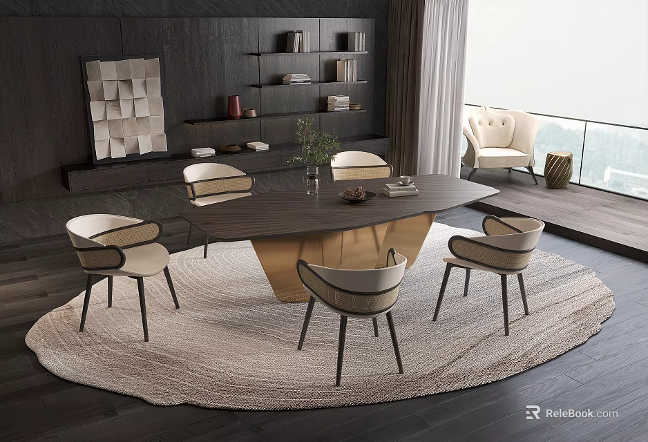 Modern Restaurant Interior With Dark Dining Table Six Light Armchairs Vase Green Plants Bookshelf Windows Round Light Rug 3d model 
