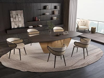 Modern Restaurant Interior With Dark Dining Table Six Light Armchairs Vase Green Plants Bookshelf Windows Round Light Rug 3d model
