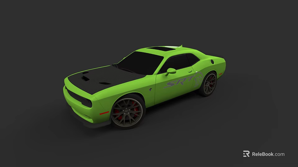 Green Dodge Challenger SRT Muscle Car With Black Hood And Sporty Wheels 3d model 