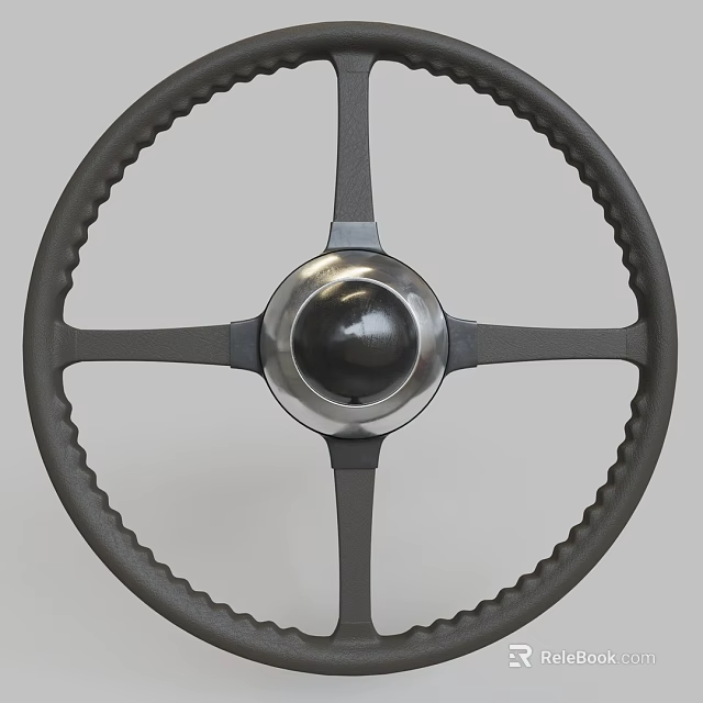 Classic Car Steering Wheel With Textured Grip And Metallic Center Spokes 3d model 