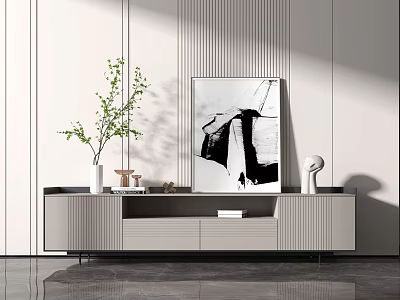 Modern Living Room TV Stand with Black and White Artwork Vase and Decorative Items on Vertical Striped Wall 3d model