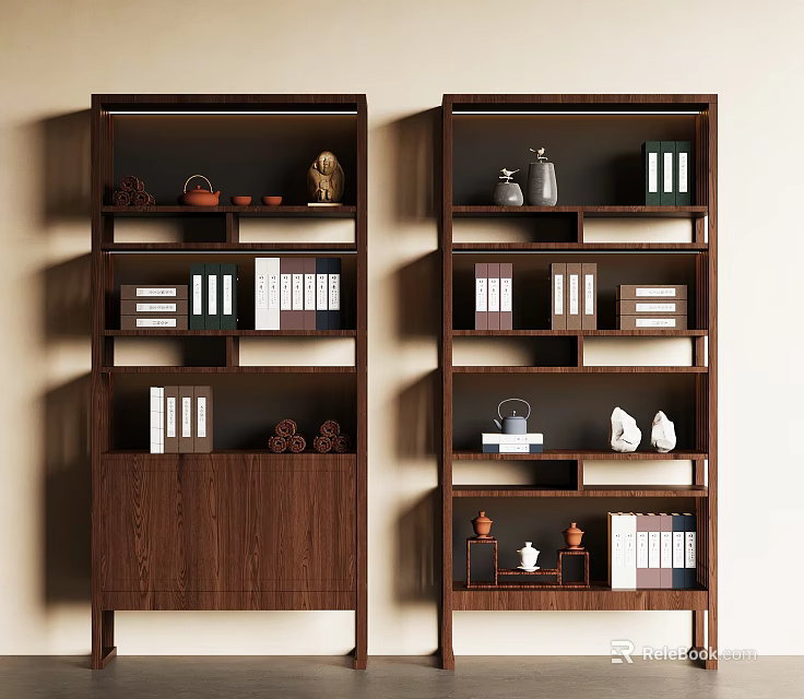 Modern Dark Wooden Bookshelf With Multiple Shelves Books And Decorative Items 3d model 