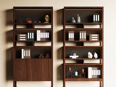 Modern Dark Wooden Bookshelf With Multiple Shelves Books And Decorative Items 3d model