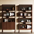Modern Dark Wooden Bookshelf With Multiple Shelves Books And Decorative Items