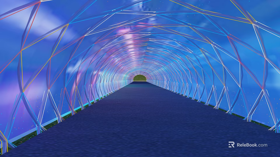 Road Infrastructure Colorful Lighted Tunnel with Geometric Transparent Structure and Smooth Road Surface 3d model 