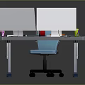 Modern Computer Desk Setup With Dual Monitors Blue Chair Keyboard Mouse And Desk Items