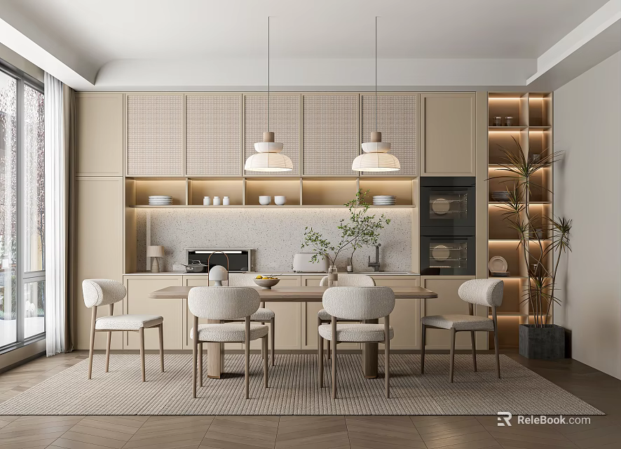 Modern Restaurant Interior With Open Design Dining Table Chairs Pendant Lights And Plants 3d model 